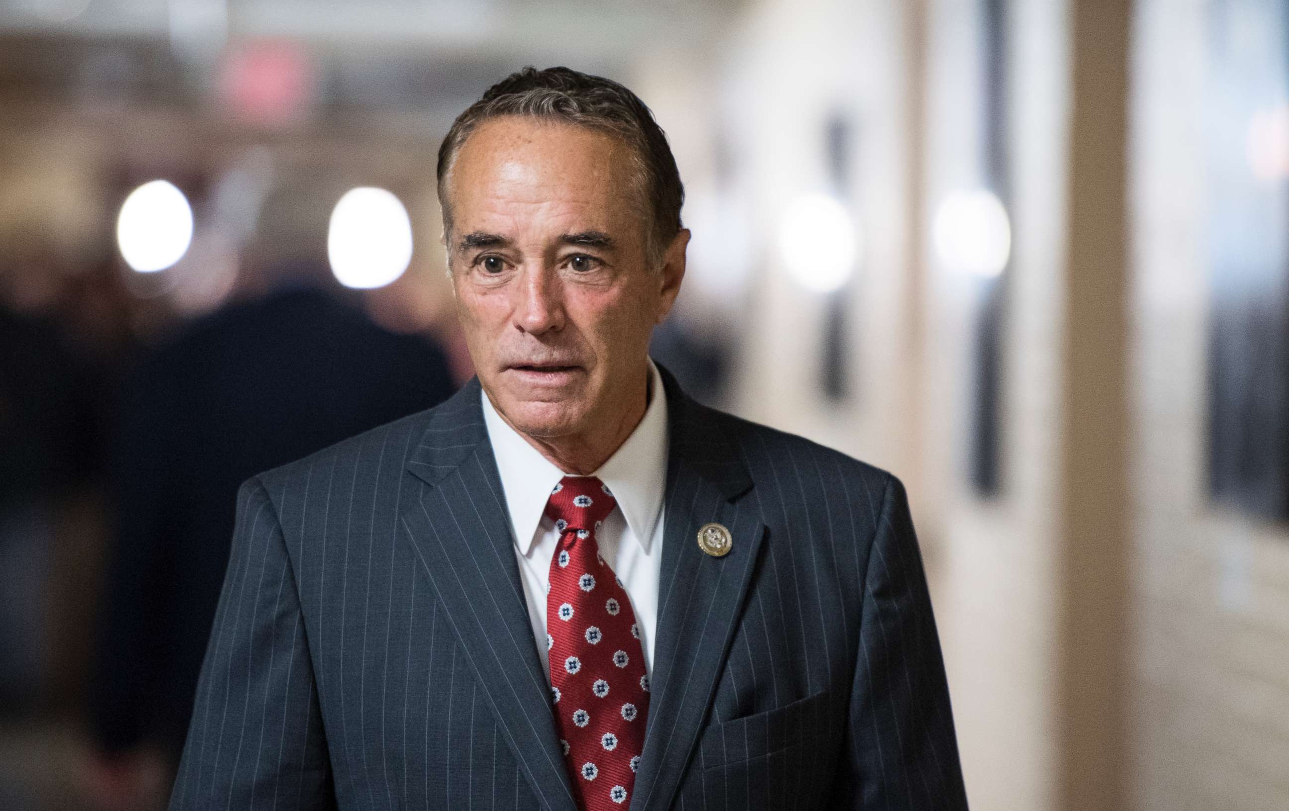 PHOTO: Rep. Chris Collins leaves the House Republican Conference meeting in the Capitol on June 20, 2018.