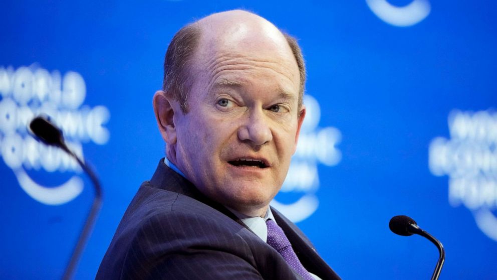 PHOTO: Sen. Chris Coons speaks on a panel at the World Economic Forum in Davos, Switzerland, on Jan. 17, 2023.