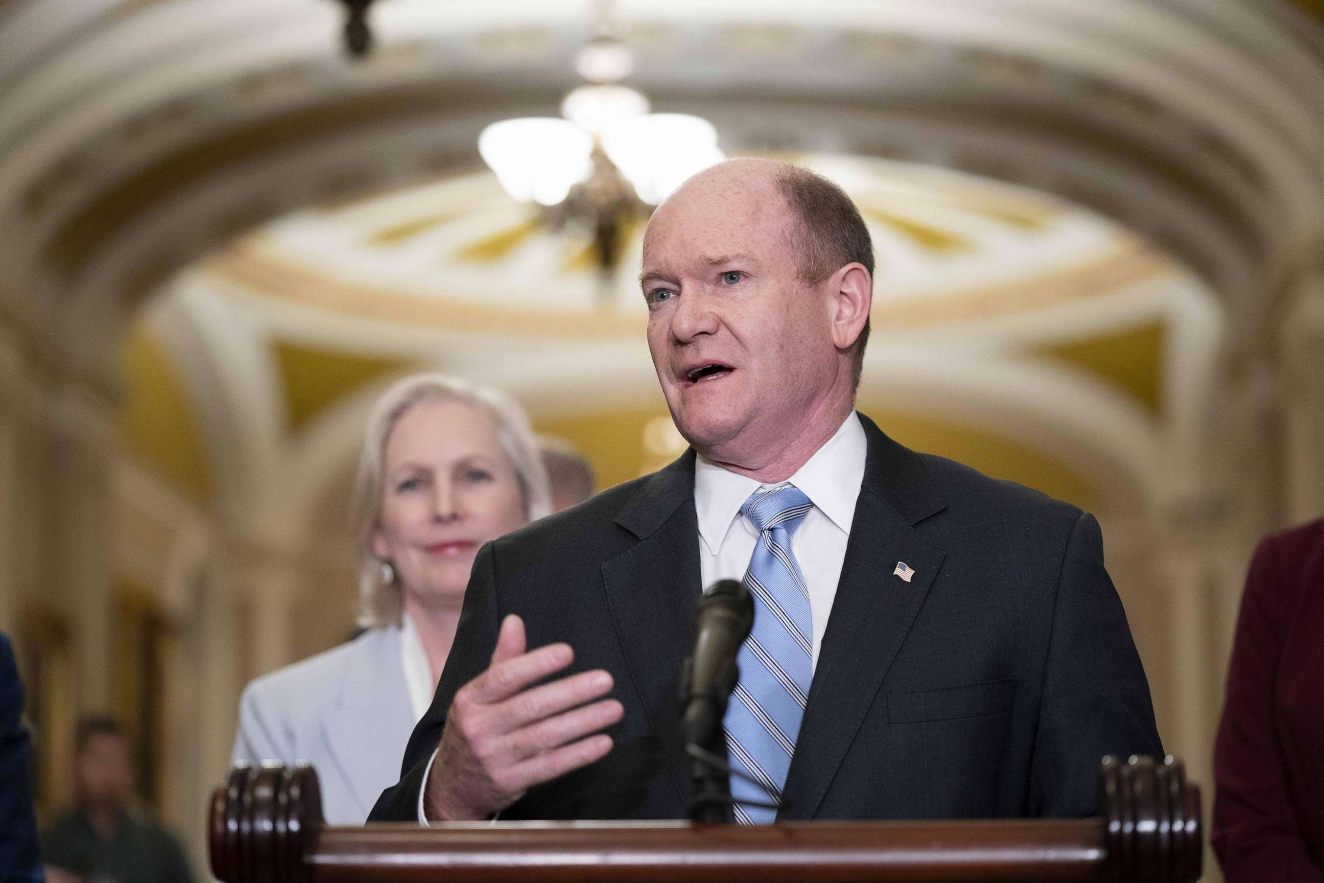 PHOTO: Sen. Chris Coons speaks during a press conference after weekly caucus luncheons at the U.S. Capitol in Washington, D.C., on June 7, 2023.