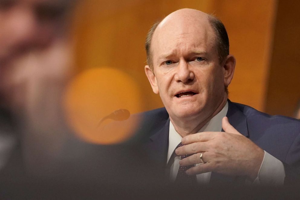 PHOTO: Sen. Chris Coons, D-Del., asks a question to Secretary of State Mike Pompeo during a Senate Foreign Relations Committee hearing, in the Dirksen Senate Office Building, in Washington, D.C., July 30, 2020.
