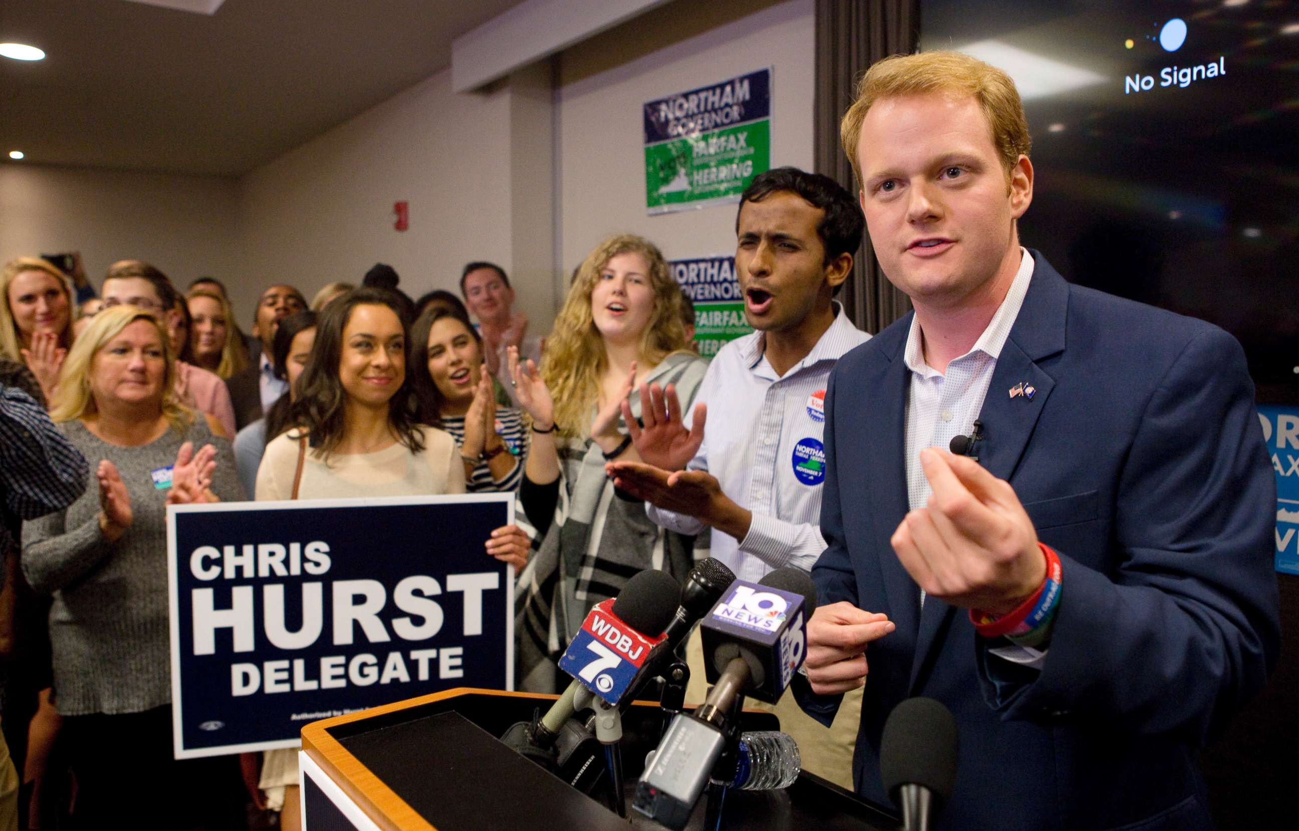 PHOTO: Democrat Chris Hurst, right, defeated Republican incumbent Joseph Yost to win House District 12 on Tuesday, Nov. 7, 2017, in Blacksburg, Va.