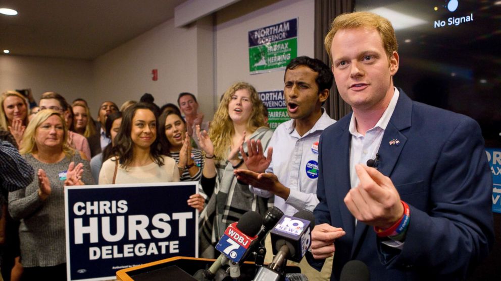 PHOTO: Democrat Chris Hurst, right, defeated Republican incumbent Joseph Yost to win House District 12 on Tuesday, Nov. 7, 2017, in Blacksburg, Va.