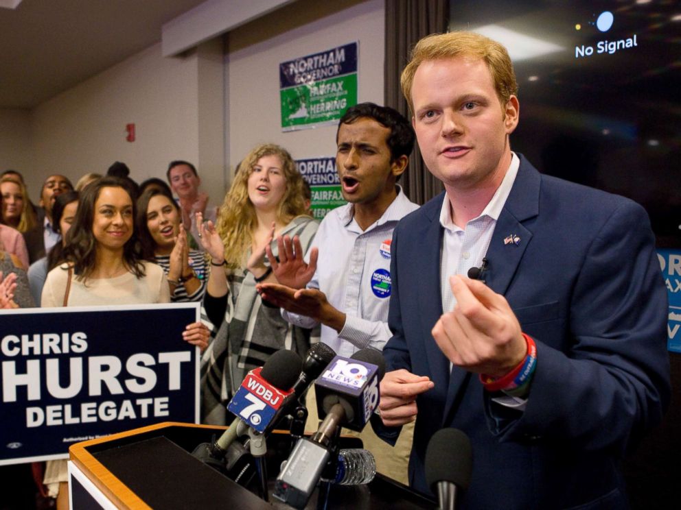PHOTO: Democrat Chris Hurst, right, defeated Republican incumbent Joseph Yost to win House District 12 on Tuesday, Nov. 7, 2017, in Blacksburg, Va.