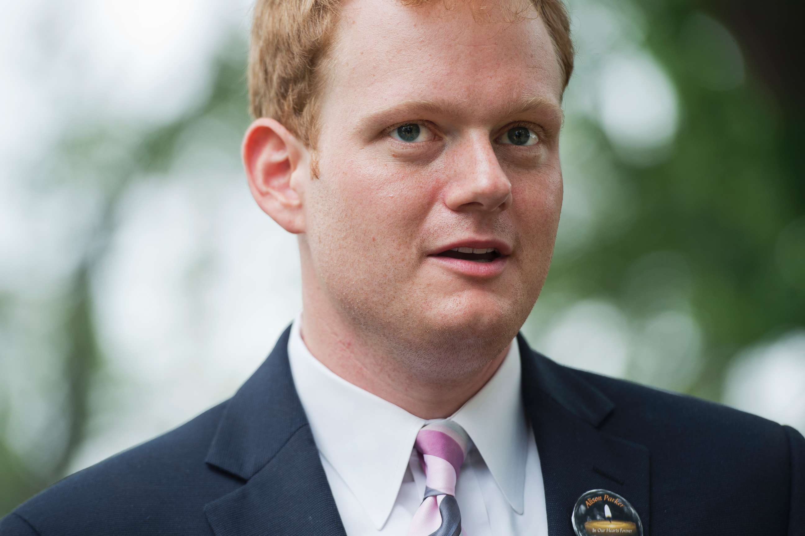 PHOTO: Chris Hurst greets Gov. Terry McAuliffe, during a rally on the East Front lawn of the Capitol to demand that Congress take action on gun control legislation, Sept. 10, 2015. Hurst is currently a Democratic candidate for the VA House of Delegates.