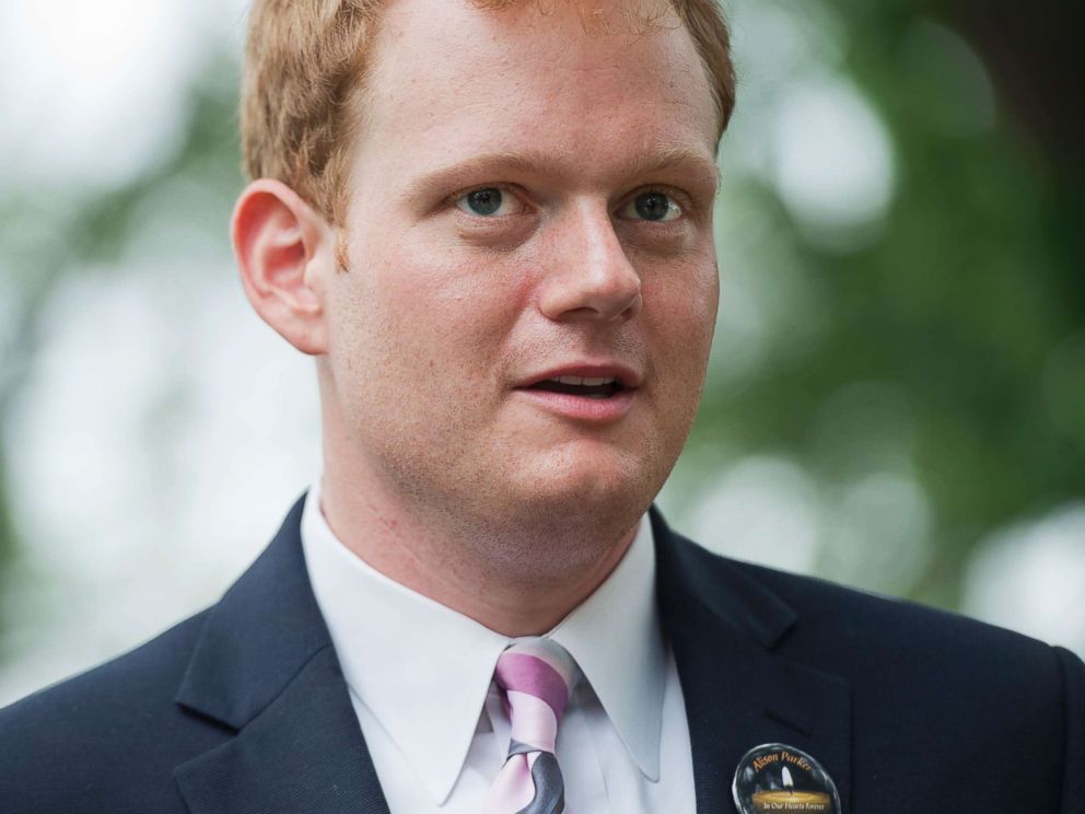 PHOTO: Chris Hurst greets Gov. Terry McAuliffe, during a rally on the East Front lawn of the Capitol to demand that Congress take action on gun control legislation, Sept. 10, 2015. Hurst is currently a Democratic candidate for the VA House of Delegates.