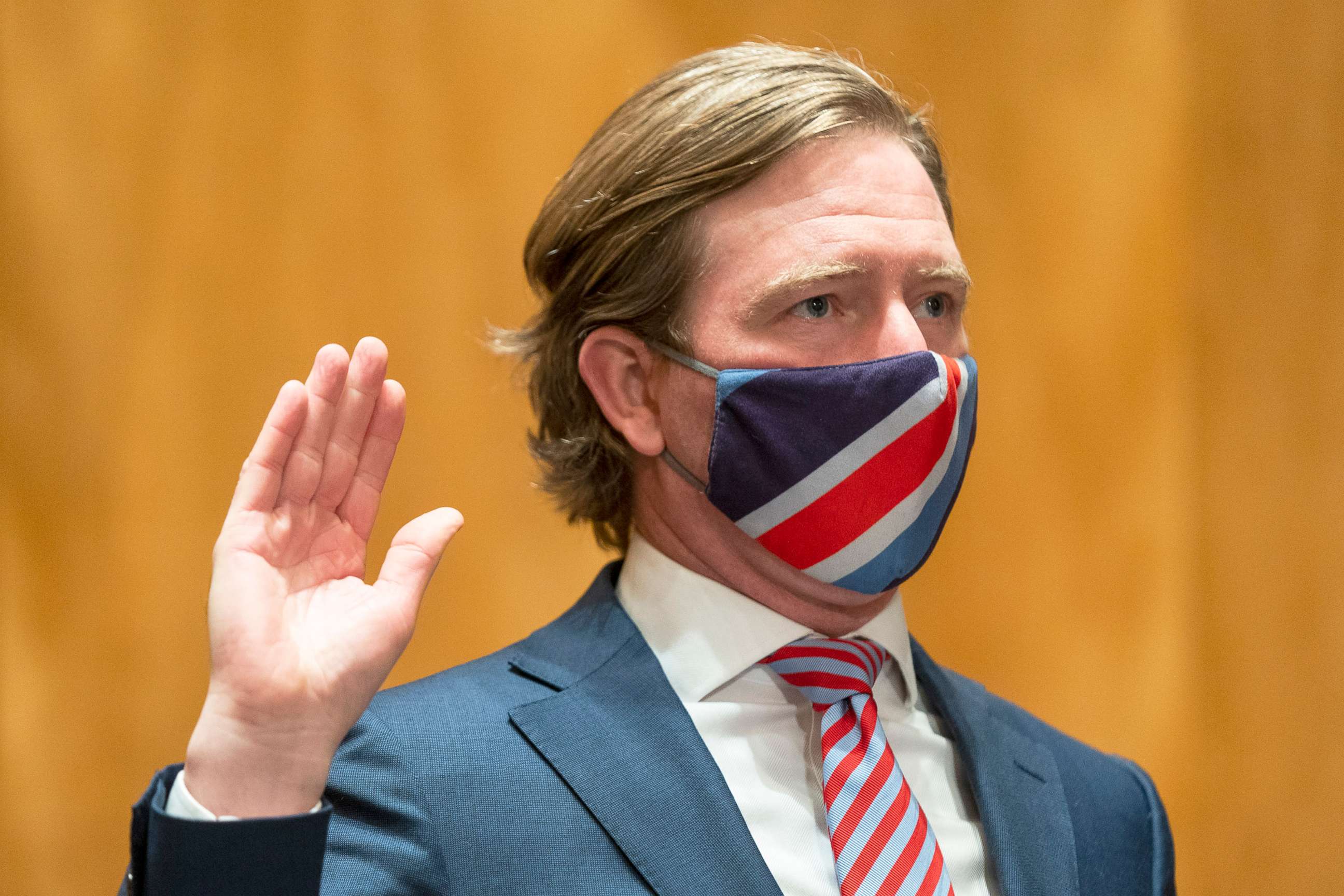 PHOTO: Former Cybersecurity and Infrastructure Security Agency Director Chris Krebs is sworn in prior to testifying before a Senate hearing to examine claims of voter irregularities in the 2020 election, on Dec. 16, 2020 in Washington.