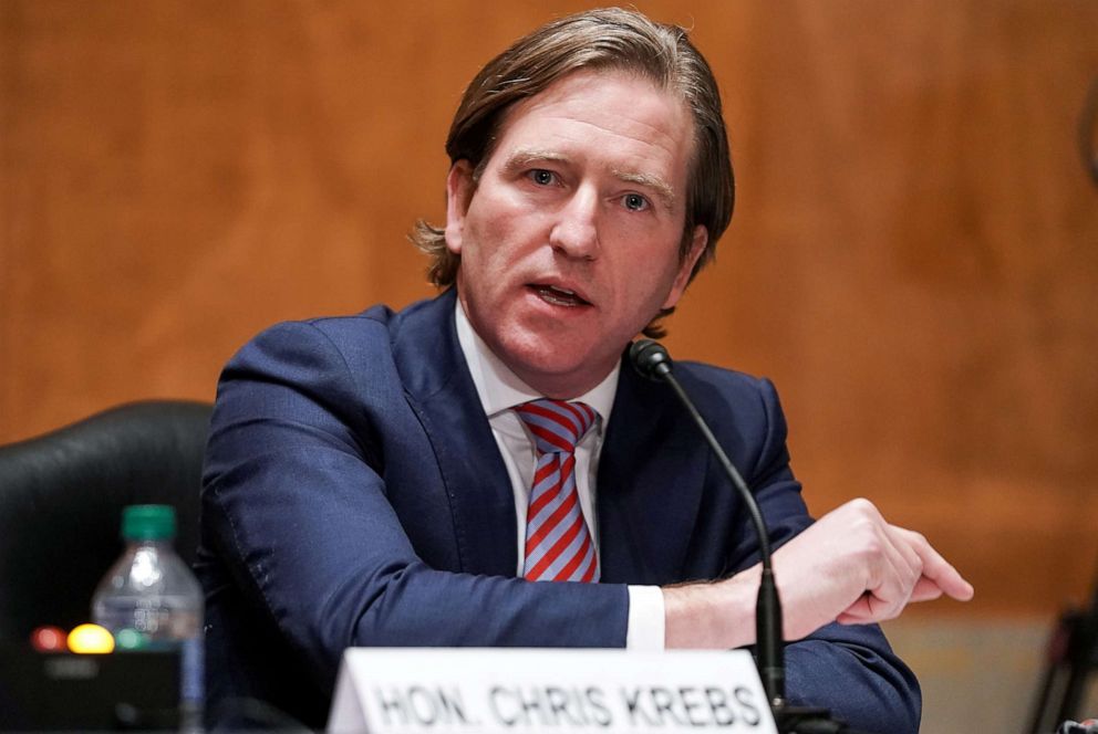 PHOTO: Christopher Krebs, former director of the Cybersecurity and Infrastructure Security Agency, testifies during a Senate Homeland Security & Governmental Affairs Committee hearing in Washington, DC., Dec. 16, 2020.