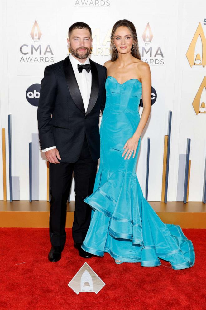 PHOTO: Chris Lane and Lauren Bushnell Lane attend the 57th Annual CMA Awards at Bridgestone Arena, on Nov. 8, 2023, in Nashville, Tenn.