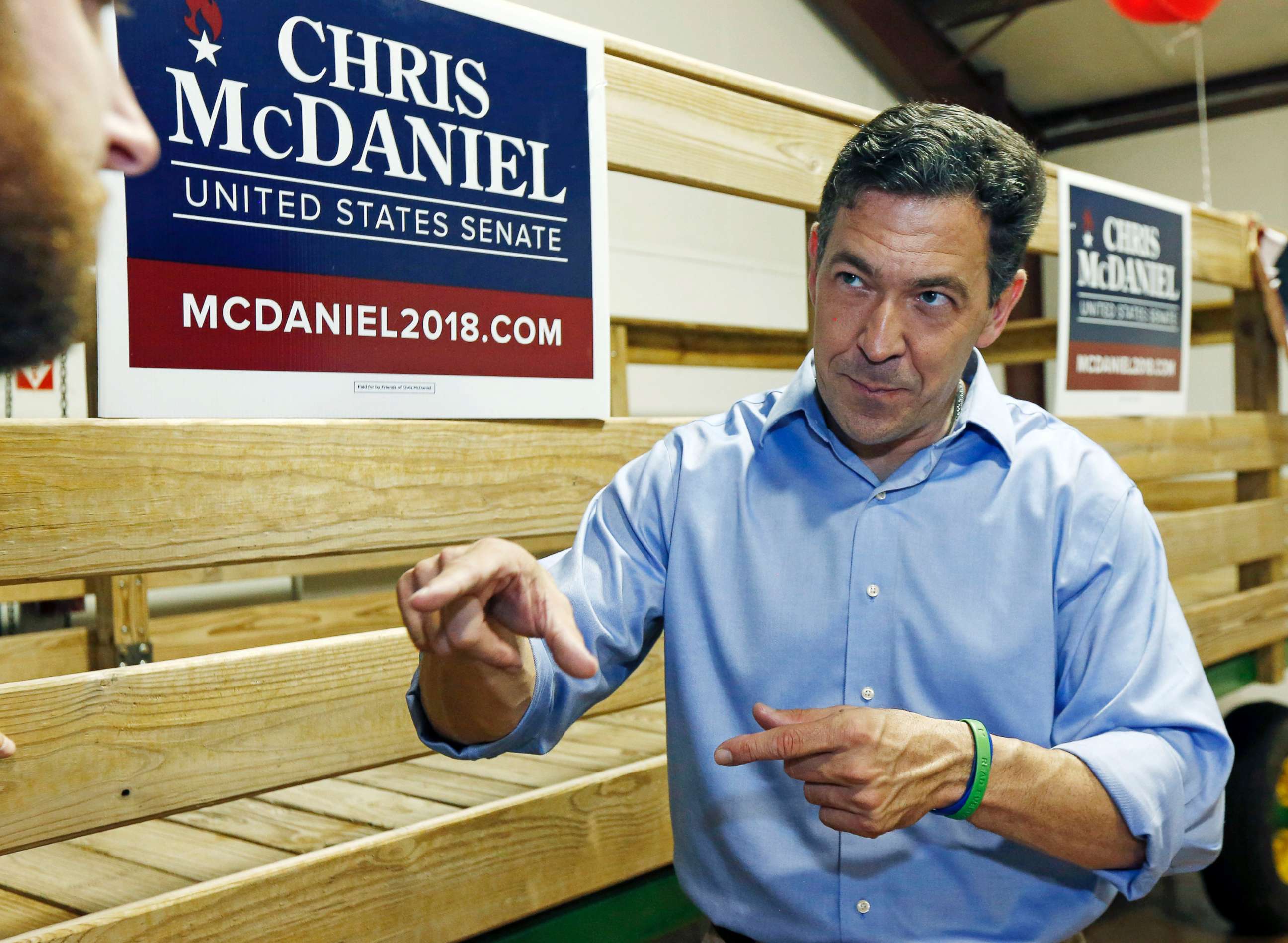 PHOTO: U.S. Senate candidate Chris McDaniel answers a voter's question at a meet and greet dinner in Taylorsville, Miss., Sept. 6, 2018.