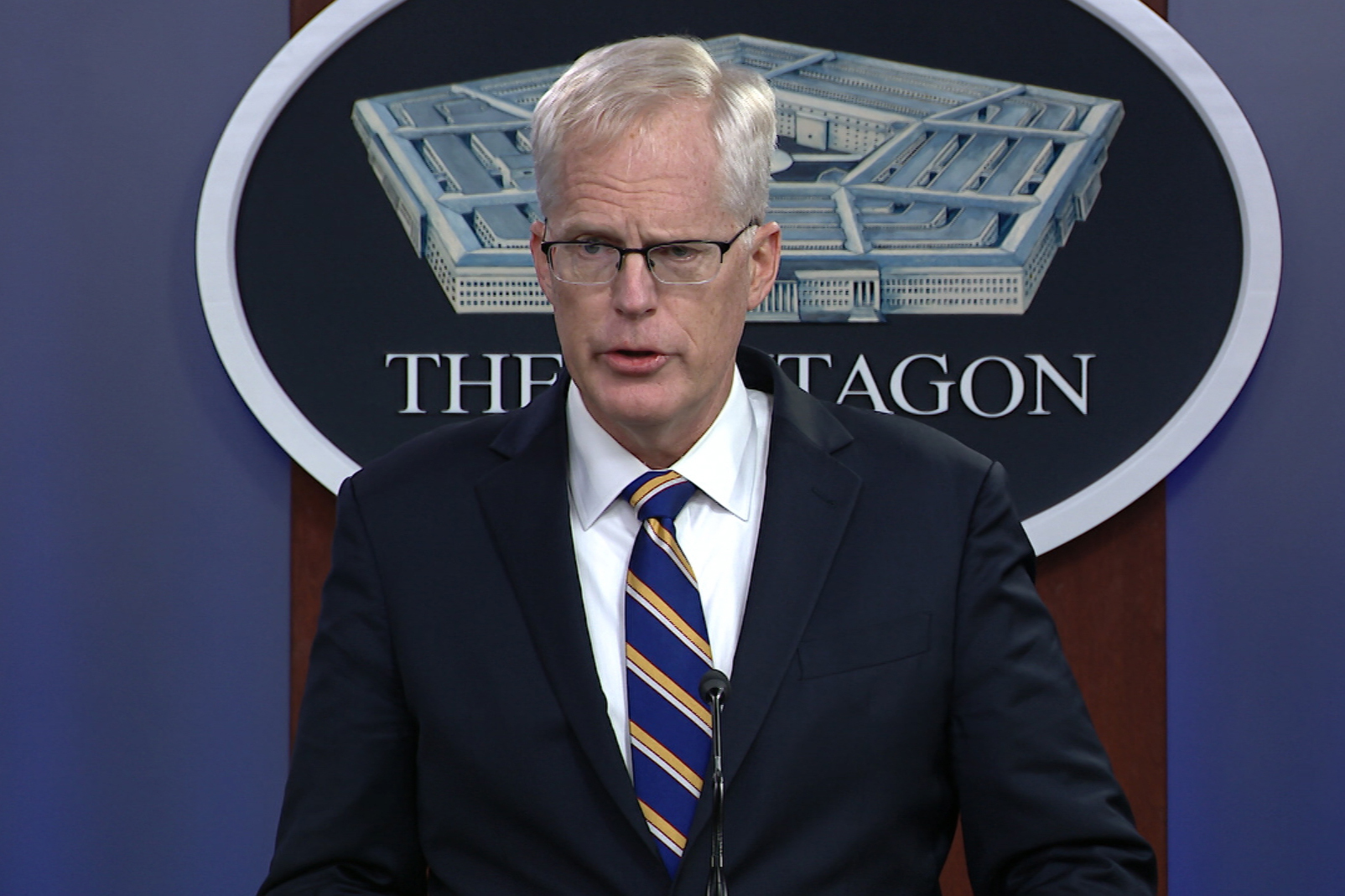 PHOTO: In this Tuesday, Nov. 17, 2020, image taken from a video provided by Defense.gov acting Defense Secretary Christopher Miller speaks at the Pentagon in Washington.