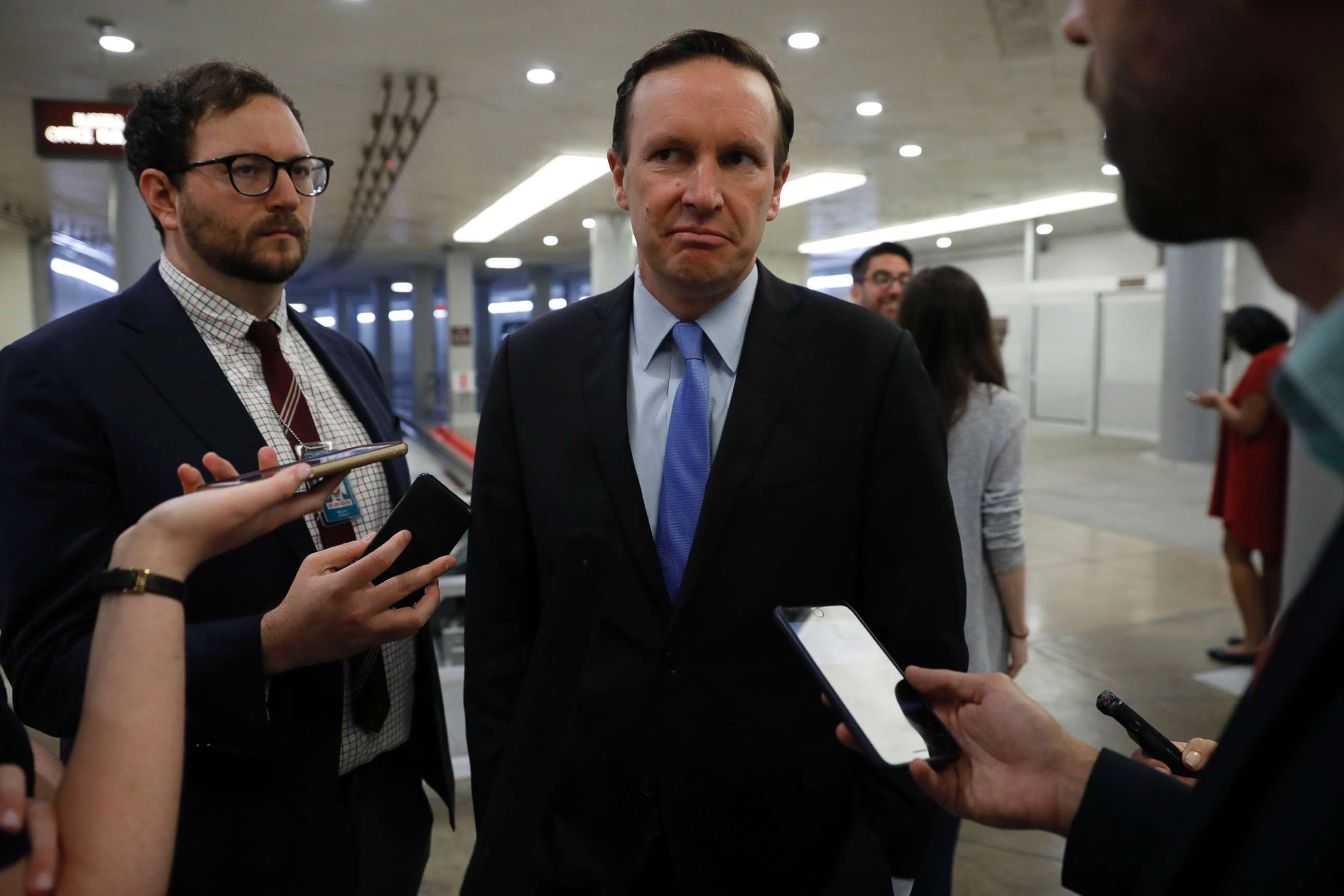 PHOTO: Sen. Chris Murphy speaks with reporters ahead of the weekly policy luncheons at the U.S. Capitol on June 26, 2018 in Washington, D.C.