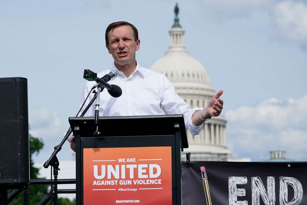 PHOTO: Sen.  Chris Murphy speaks during a rally near Capitol Hill in Washington, DC, on June 10, 2022, urging Congress to pass gun legislation.