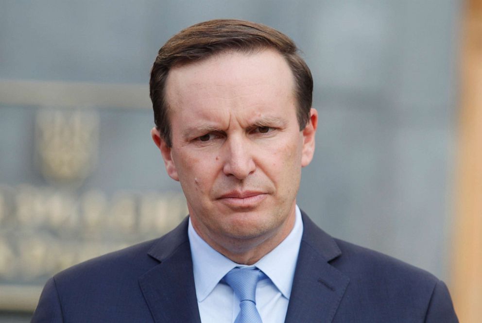 PHOTO: Sen. Chris Murphy speaks to journalists with joint a press conference after a meeting with Ukrainian President Volodymyr Zelensky, outside the Presidential Office in Kiev, Ukraine, Sept. 5, 2019.