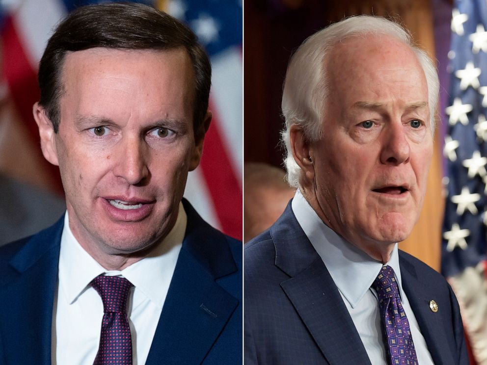 PHOTO: Sen. Chris Murphy conducts a news conference in the U.S. Capitol in Washington, D.C., June 14, 2022. | In this March, 30, 2022, file photo, Senator John Cornyn speaks at a press conference in Washington, D.C.