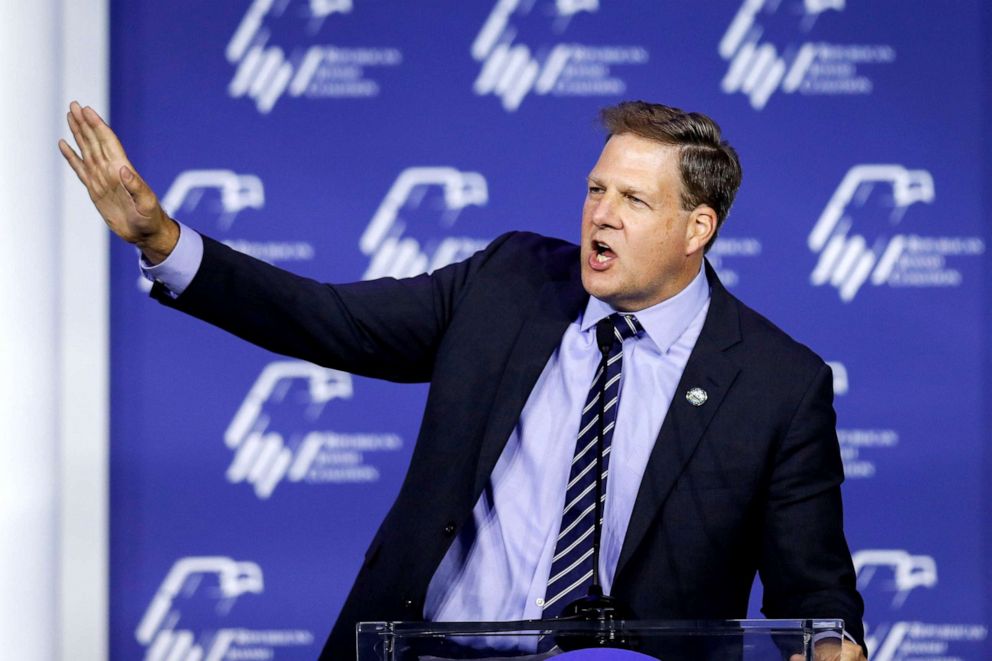 PHOTO: New Hampshire Governor Chris Sununu speaks during the 2021 Republican Jewish Coalition National Leadership Meeting at the Venetian hotel and casino in Las Vegas, Nov. 5, 2021.