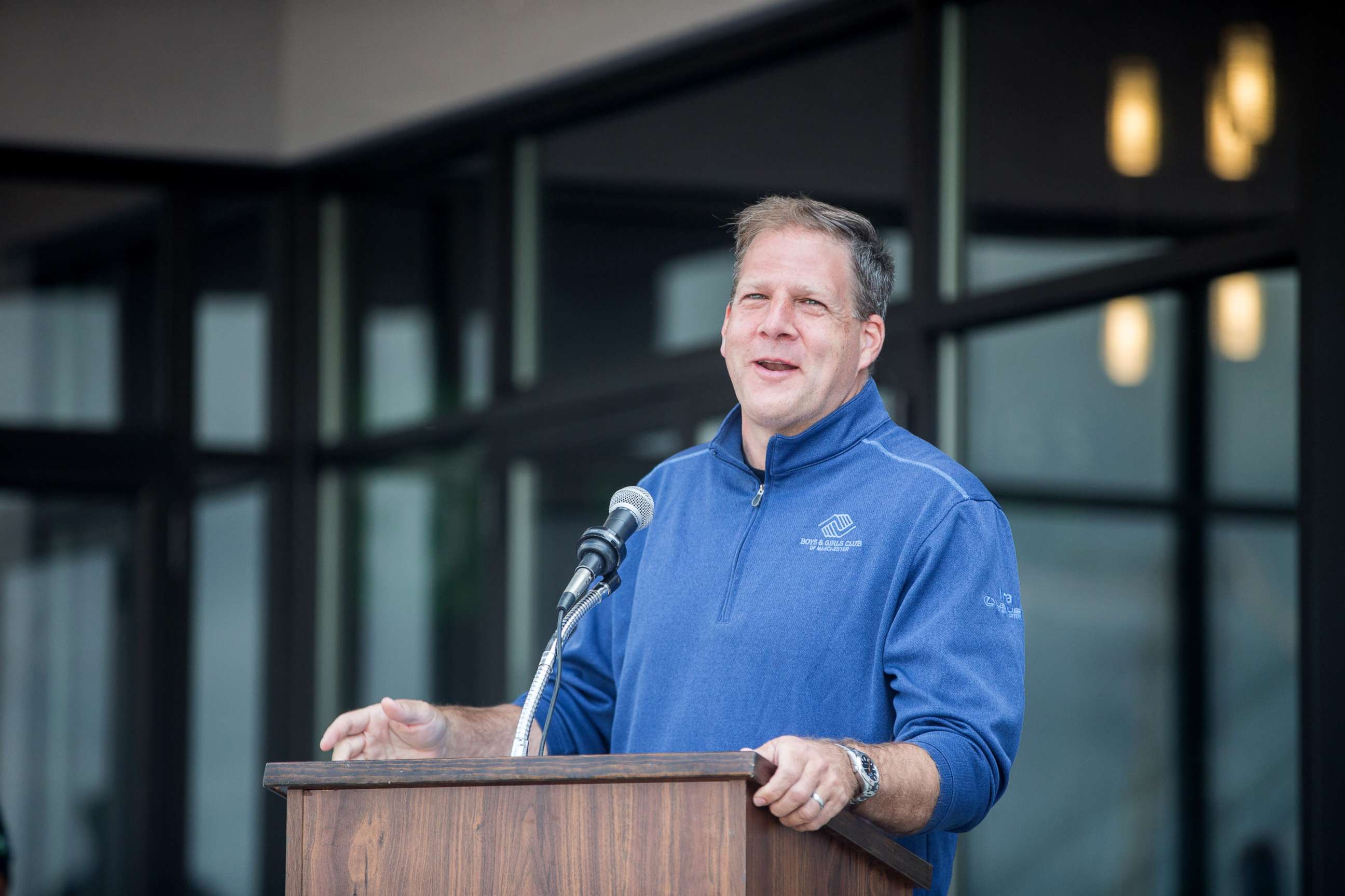 PHOTO: New Hampshire Governor Christopher Sununu delivers remarks during the  ribbon cutting ceremony for the grand opening of DraftKings Sportsbook Manchester, Sept. 2, 2020, in Manchester, New Hampshire.