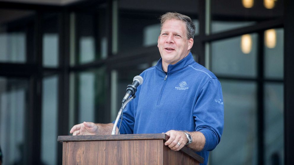 PHOTO: New Hampshire Governor Christopher Sununu delivers remarks during the  ribbon cutting ceremony for the grand opening of DraftKings Sportsbook Manchester, Sept. 2, 2020, in Manchester, New Hampshire.