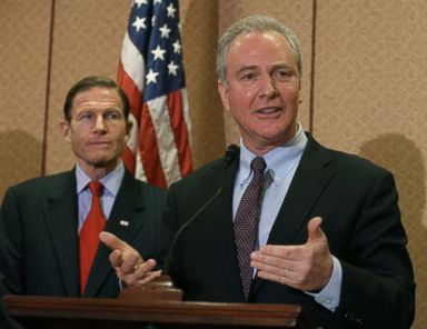 PHOTO: Rep. Chris Van Hollen, right, speaks about gun safety as Sen. Richard Blumenthal listens, during a news conference on Capitol Hill on Jan. 27, 2016, in Washington, D.C.