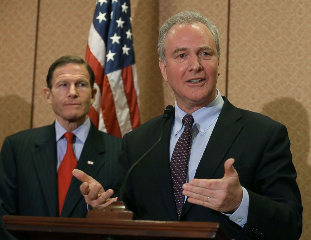 PHOTO: Rep. Chris Van Hollen, right, speaks about gun safety as Sen. Richard Blumenthal listens, during a news conference on Capitol Hill on Jan. 27, 2016, in Washington, D.C. 