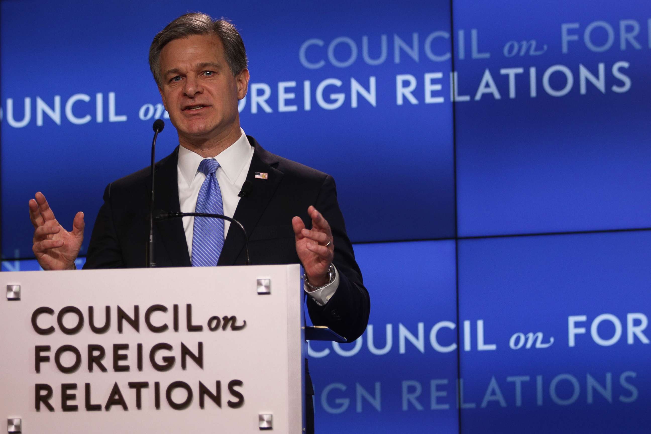 PHOTO: FBI Director Christopher Wray addresses the Council on Foreign Relations (CFR) April 26, 2019 in Washington, D.C. Wray spoke on "the FBI's role in protecting the United States from today's global threats."