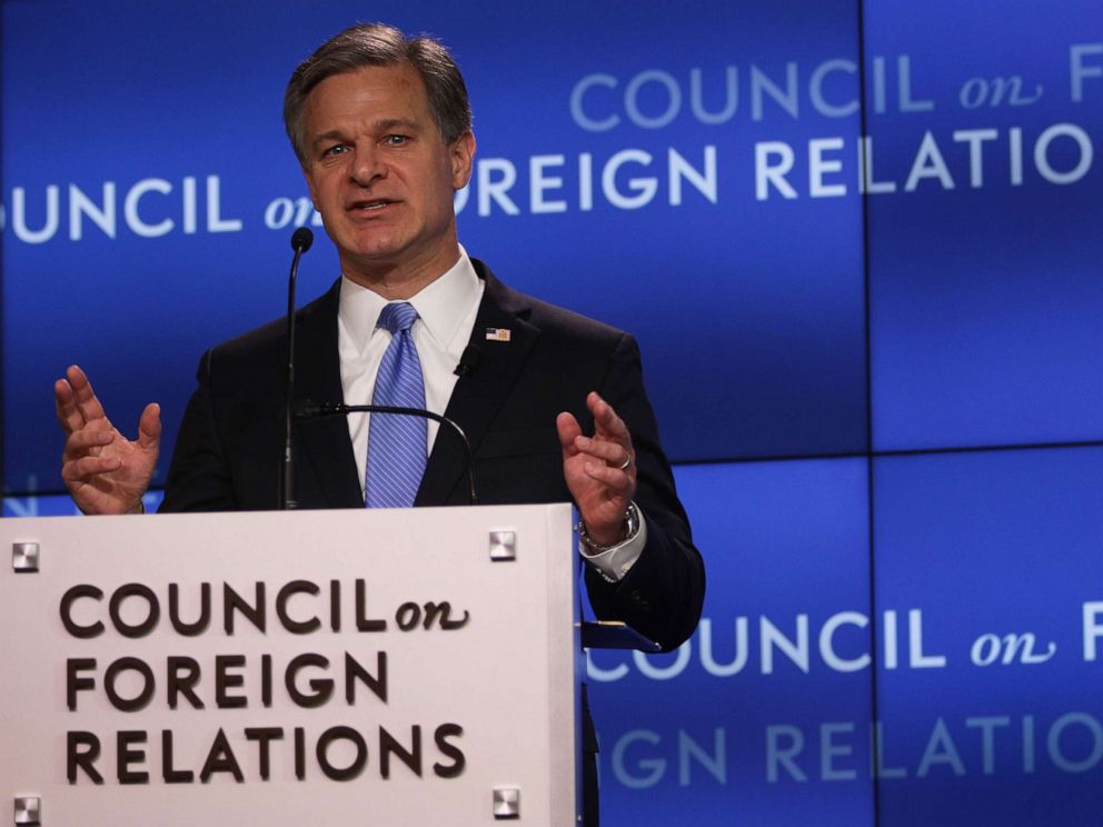 PHOTO: FBI Director Christopher Wray addresses the Council on Foreign Relations (CFR) April 26, 2019 in Washington, D.C. Wray spoke on the FBIs role in protecting the United States from todays global threats.