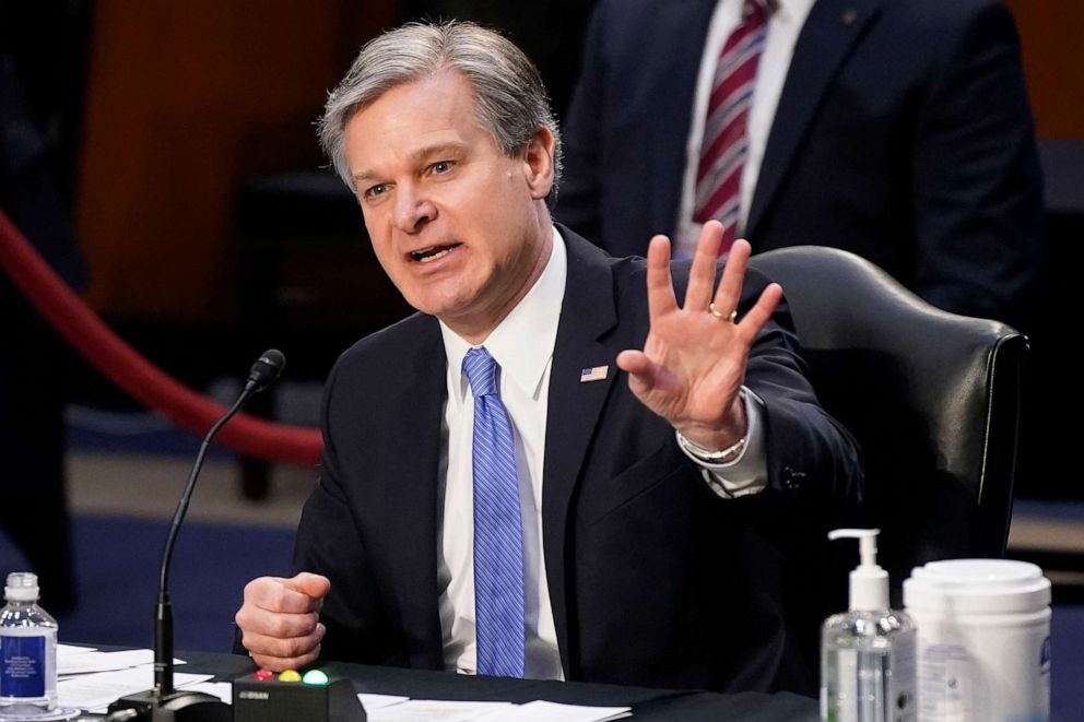 PHOTO: FBI Director Christopher Wray testifies before the Senate Judiciary Committee on Capitol Hill in Washington, March 2, 2021.