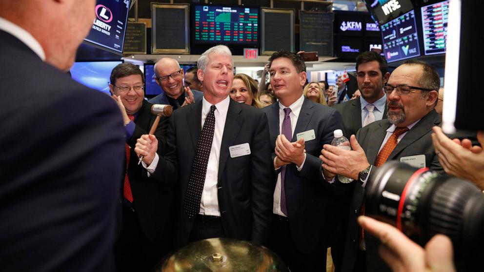 PHOTO: In this Jan. 12, 2018, file photo, Liberty Oilfield Services Inc. CEO Chris Wright rings a ceremonial bell to celebrate the companies IPO on the floor of the New York Stock Exchange shortly after the opening bell in New York.