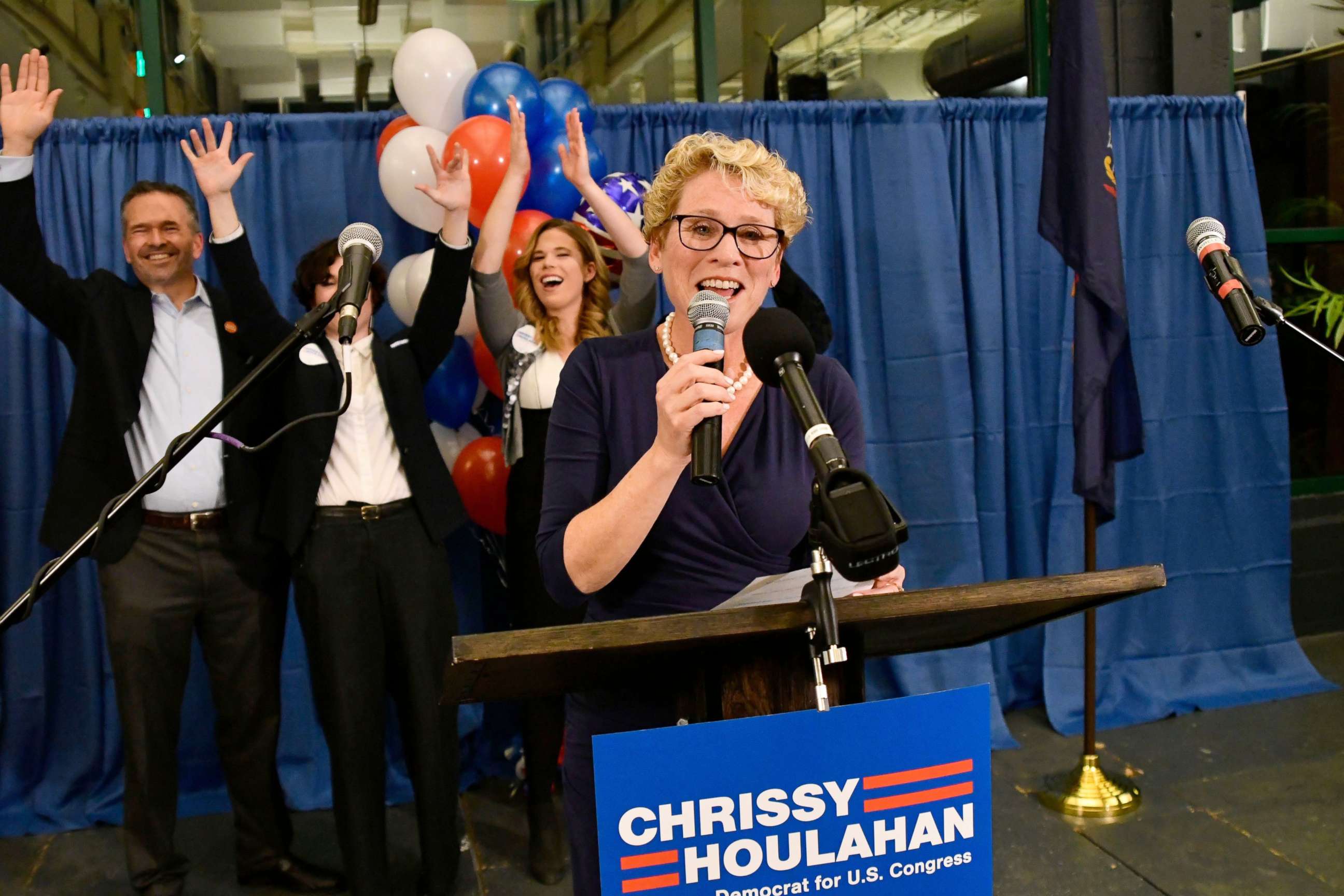 PHOTO: Democrat Chrissy Houlahan declares victory over Republican Greg McCauley at her election night headquarters during the 2018 mid-term general election in Phoenixville, Pennsylvania, Nov. 6, 2018.