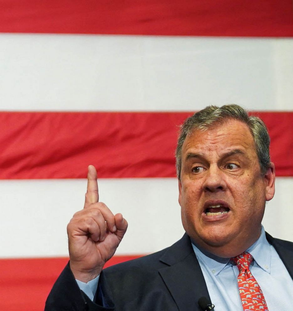 PHOTO: Former New Jersey Governor Chris Christie answers a question as he launches his bid for the 2024 Republican presidential nomination at the New Hampshire Institute of Politics in Manchester, N,H., June 6, 2023.