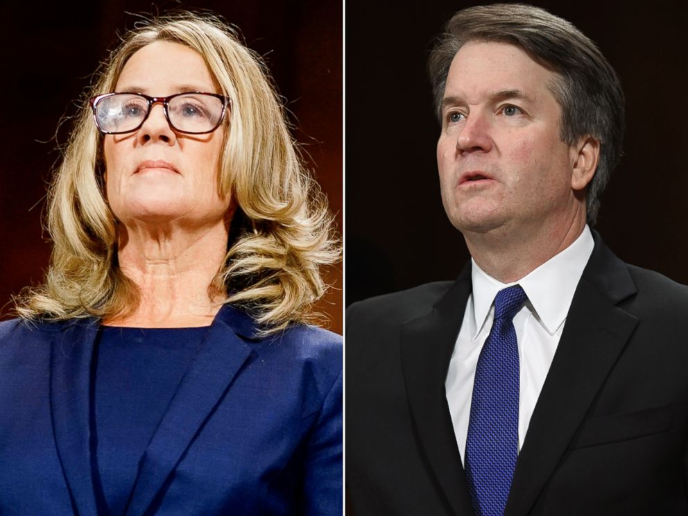 PHOTO: Pictured (L-R) Christine Blasey Ford and Supreme Court nominee Judge Brett Kavanaugh at a Senate Judiciary Committee hearing on Capitol Hill, Sept. 27, 2018. 