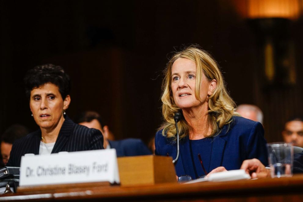 PHOTO: Christine Blasey Ford, with lawyer Debra S. Katz, left, answers questions at a Senate Judiciary Committee hearing, Sept. 27, 2018, on Capitol Hill.