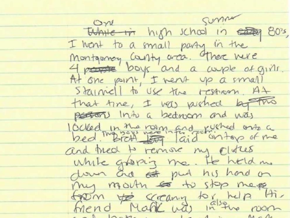 PHOTO: Christine Blasey Fords handwritten account of her allegations against Supreme Court Justice nominee Brett Cavanaugh dated Aug. 7, 2018, was sent to the Senate Judiciary Committee staff with her polygraph report.