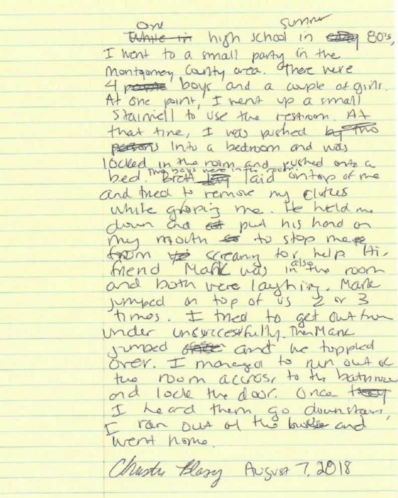 PHOTO: Christine Blasey Ford's handwritten account of her allegations against Supreme Court Justice nominee Brett Cavanaugh dated Aug. 7, 2018, was sent to the Senate Judiciary Committee staff with her polygraph report.