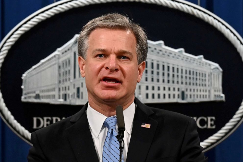 FILE PHOTO: FBI Director Christopher Wray speaks during a press conference at the Justice Department in Washington, D.C., U.S., Oct. 7, 2020.