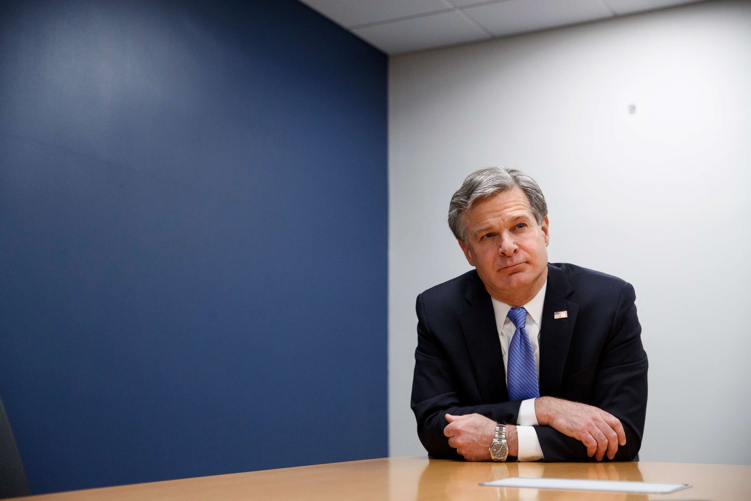 PHOTO: FBI Director Christopher Wray listens during an interview with The Associated Press, Monday, Dec. 9, 2019, in Washington.