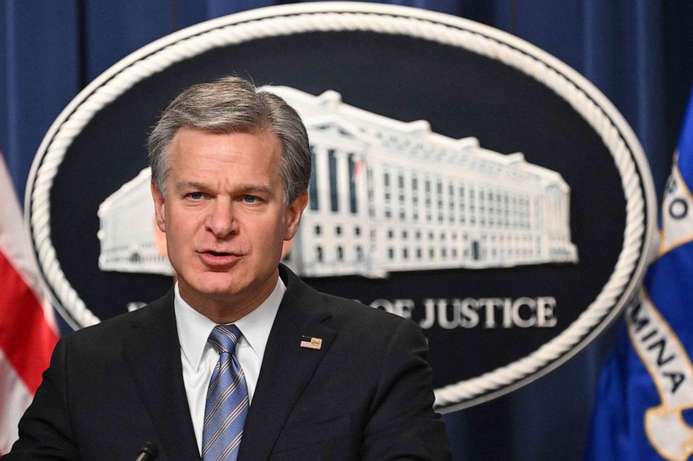 PHOTO: FBI Director Christopher Wray speaks during a press conference to announce an international ransomware enforcement action, Jan. 26, 2023, in Washington.