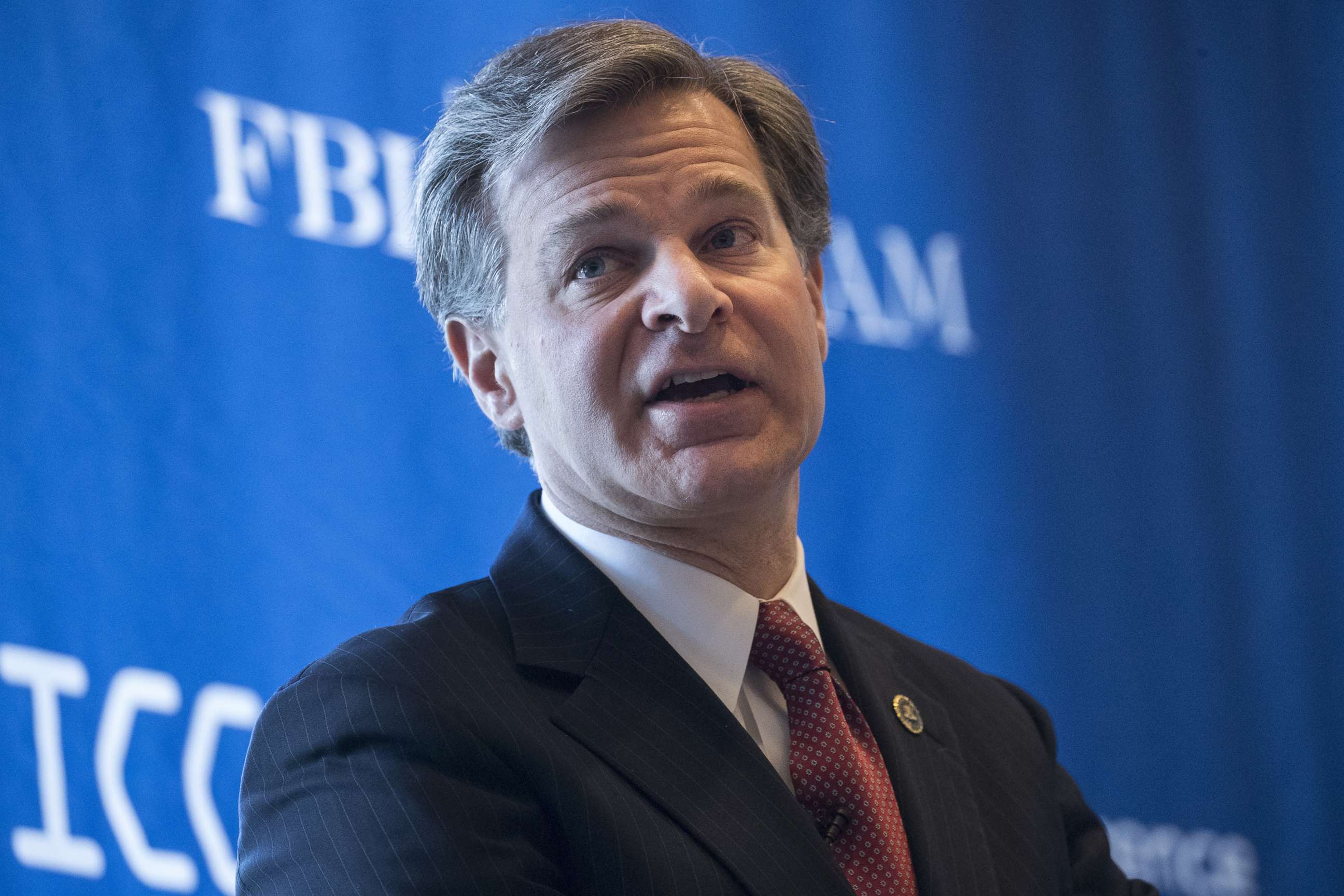 PHOTO: Federal Bureau of Investigation (FBI) Director Christopher Wray speaks during the International Conference on Cyber Security at Fordham University at Lincoln Center, Jan. 9, 2018 in New York City. 