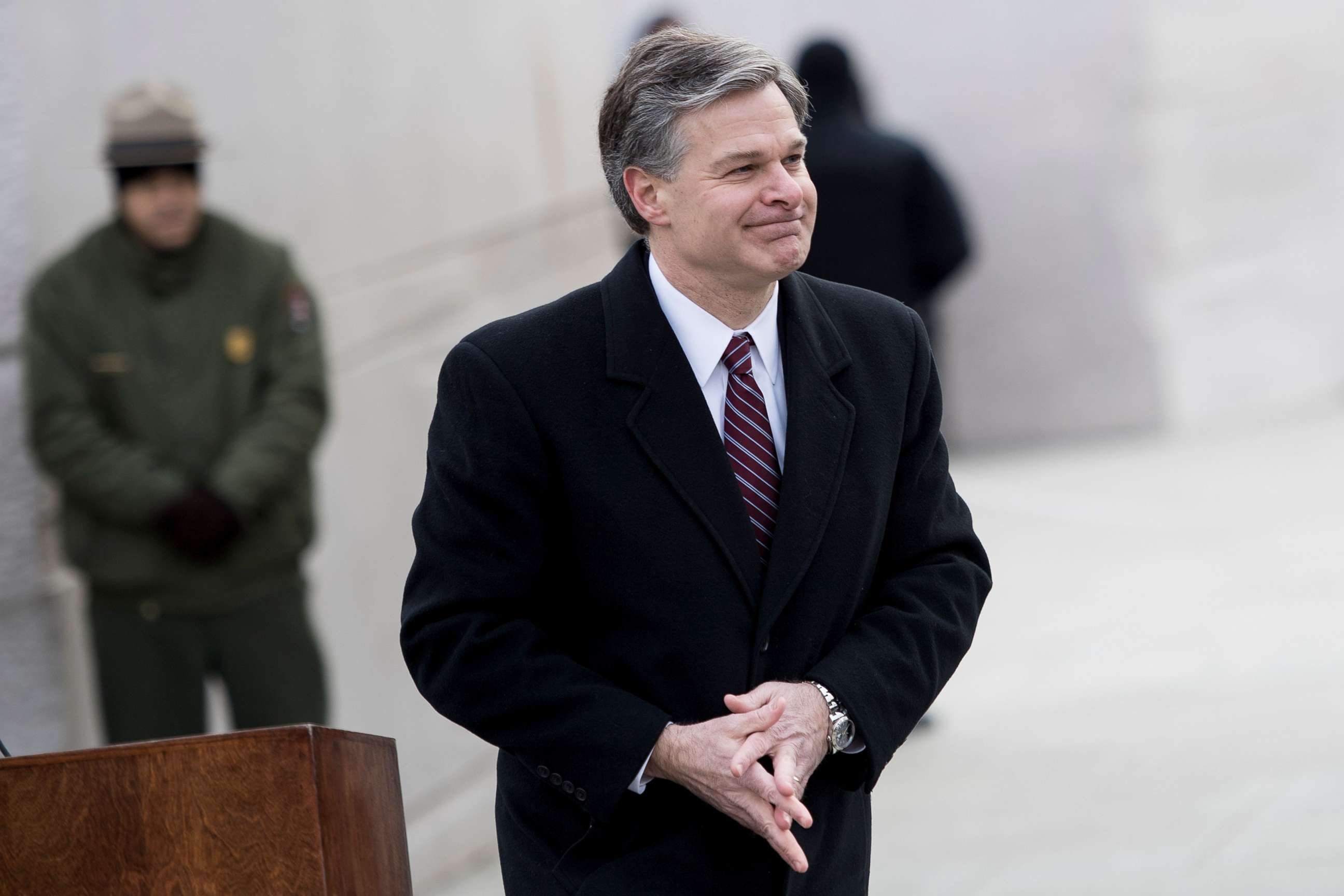 PHOTO: Director of the Federal Bureau of Investigation Christopher A. Wray speaks during an event at the Martin Luther King Memorial on the National Mall, Jan. 15, 2018, in Washington, DC.