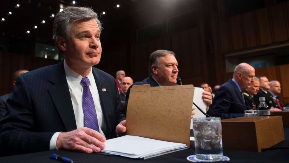 FBI Director Christopher Wray, CIA Director Mike Pompeo, Director of National Intelligence Dan Coats, Defense Intelligence Agency Director Robert Ashley, National Security Agency Director Michael Rogers and National Geospatial Intelligence Agency Director Robert Cardillo arrive to testify on worldwide threats during a Senate Intelligence Committee hearing on Capitol Hill, Feb. 13, 2018, in Washington. 