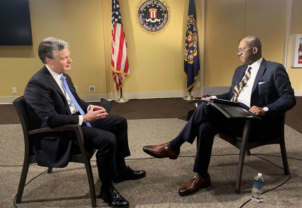 PHOTO: FBI Director Christopher Wray speaks with ABC News' Chief Justice Correspondent Pierre Thomas in an exclusive interview on Dec. 9, 2019.