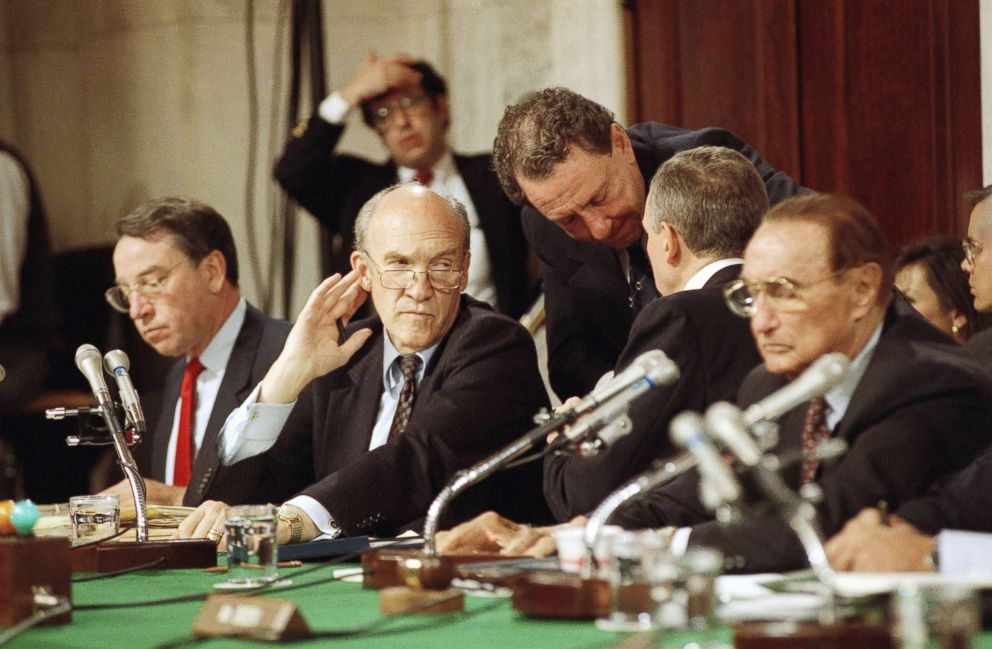 PHOTO: Charles Grassley, Alan Simpson, Arlen Specter, Orrin Hatch, and Strom Thurmond confer during hearings before the committee in Washington, Oct. 12, 1991 to investigate the allegations of sexual harassment by Clarence Thomas brought by Anita Hill.