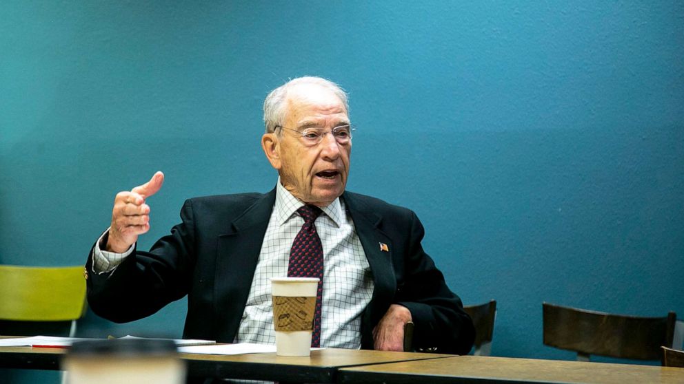 PHOTO: Senator Chuck Grassley speaks with members of law enforcement during a round table discussion in Marion, Iowa, Sept. 24, 2021.
