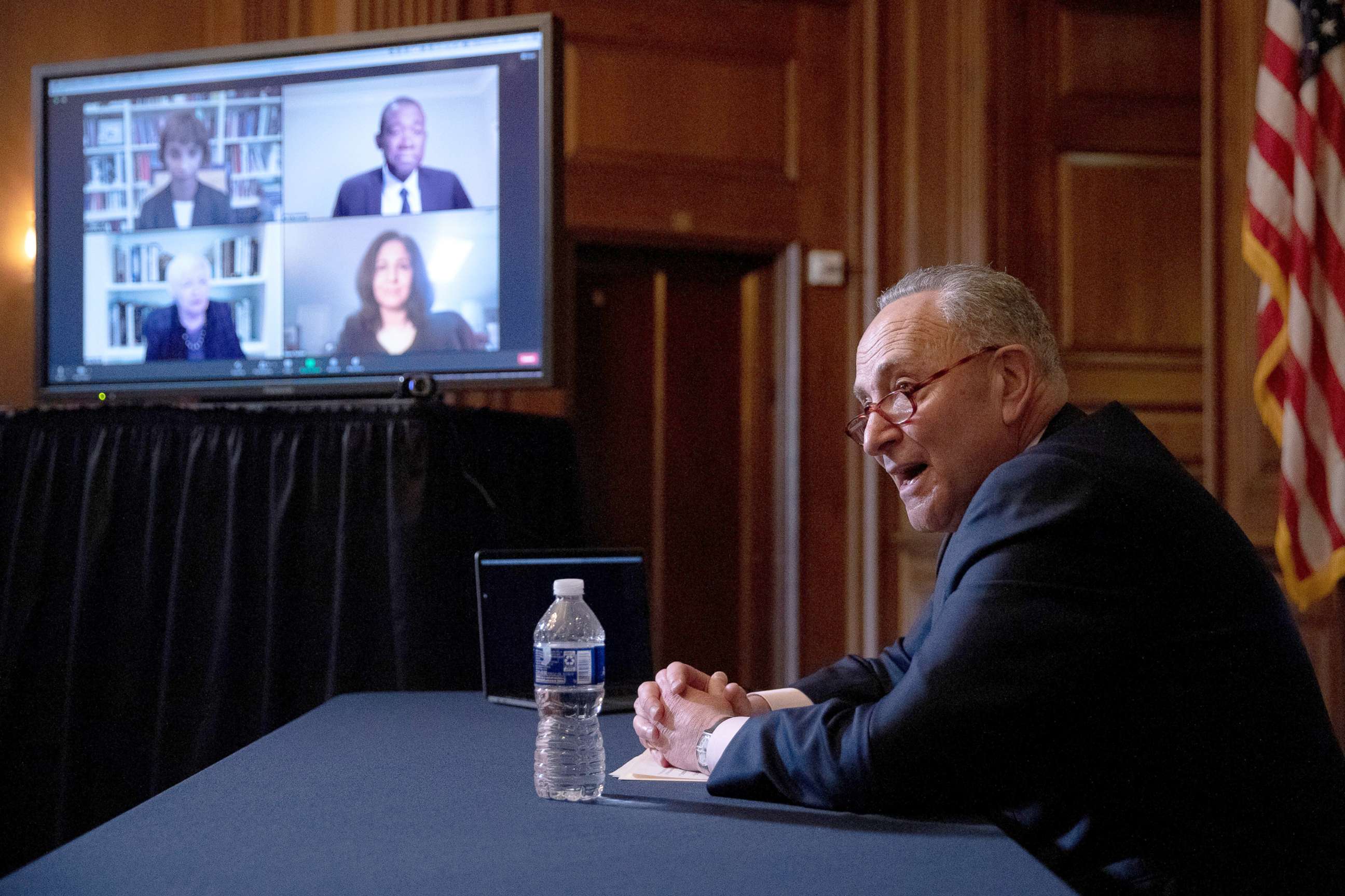 PHOTO: Senate Minority Leader Schumer meets virtually with President-elect Biden's nominees to his economic team in the U.S. Capitol in Washington, Dec. 9, 2020.