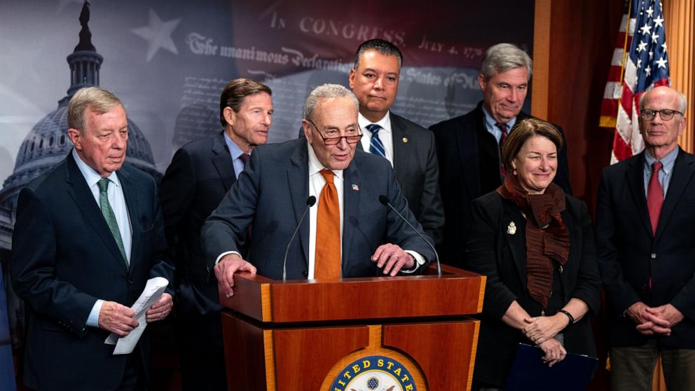 PHOTO: Senate Majority Leader Sen. Chuck Schumer speaks as he is flanked by Democrats from the Senate Judiciary Committee during a news conference at the U.S. Capitol on Dec. 20, 2024 in Washington, DC.