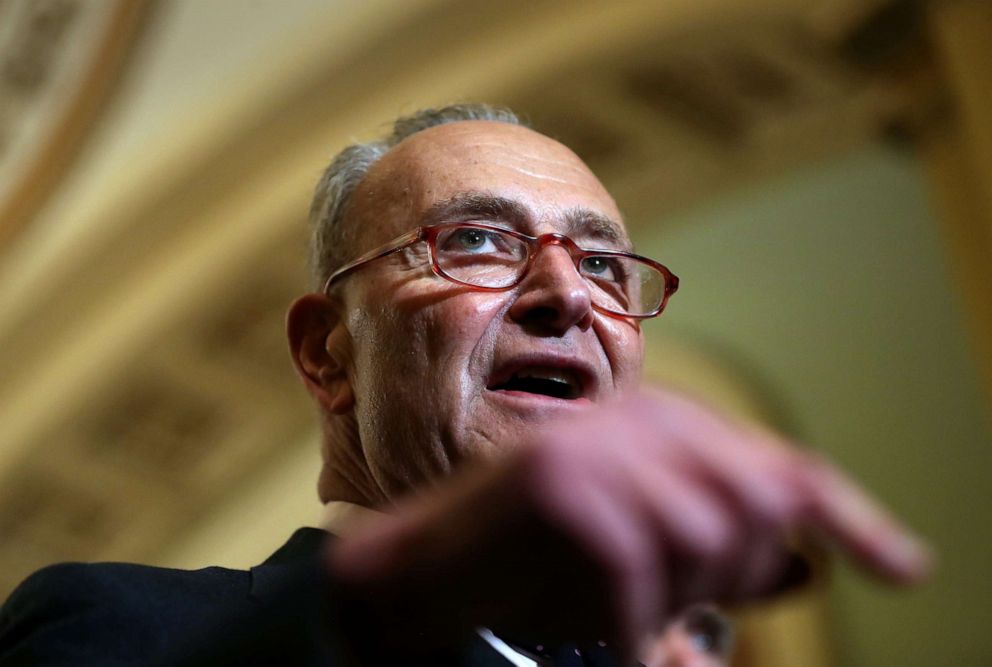 PHOTO: Senate Democratic Leader Chuck Schumer speaks about impeachment to reporters after a weekly policy lunch on Capitol Hill in Washington, D.C., Jan. 7, 2020.