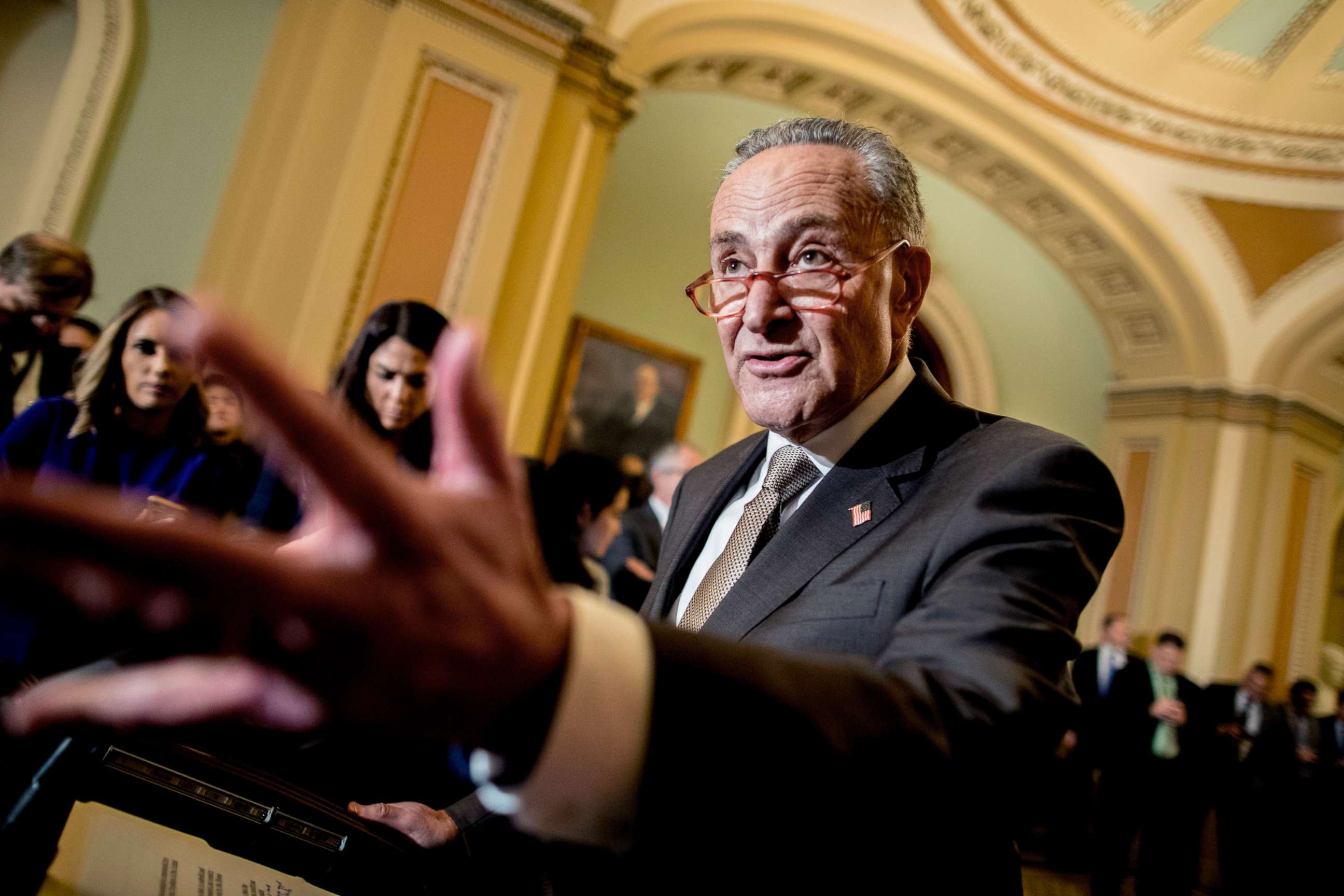 PHOTO: Senate Minority Leader Sen. Chuck Schumer speaks to reporters during a news conference, Dec. 10, 2019, on Capitol Hill in Washington.