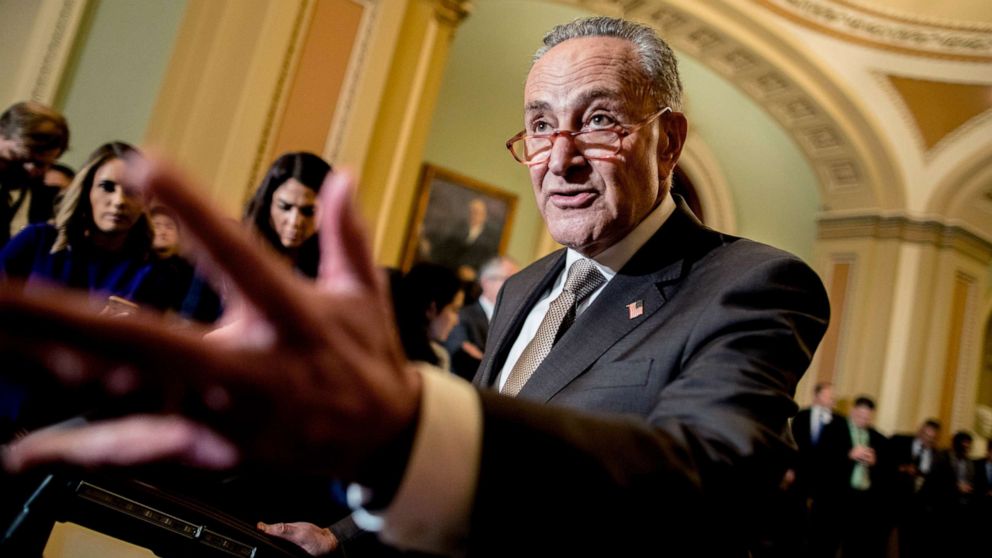 PHOTO: Senate Minority Leader Sen. Chuck Schumer speaks to reporters during a news conference, Dec. 10, 2019, on Capitol Hill in Washington.