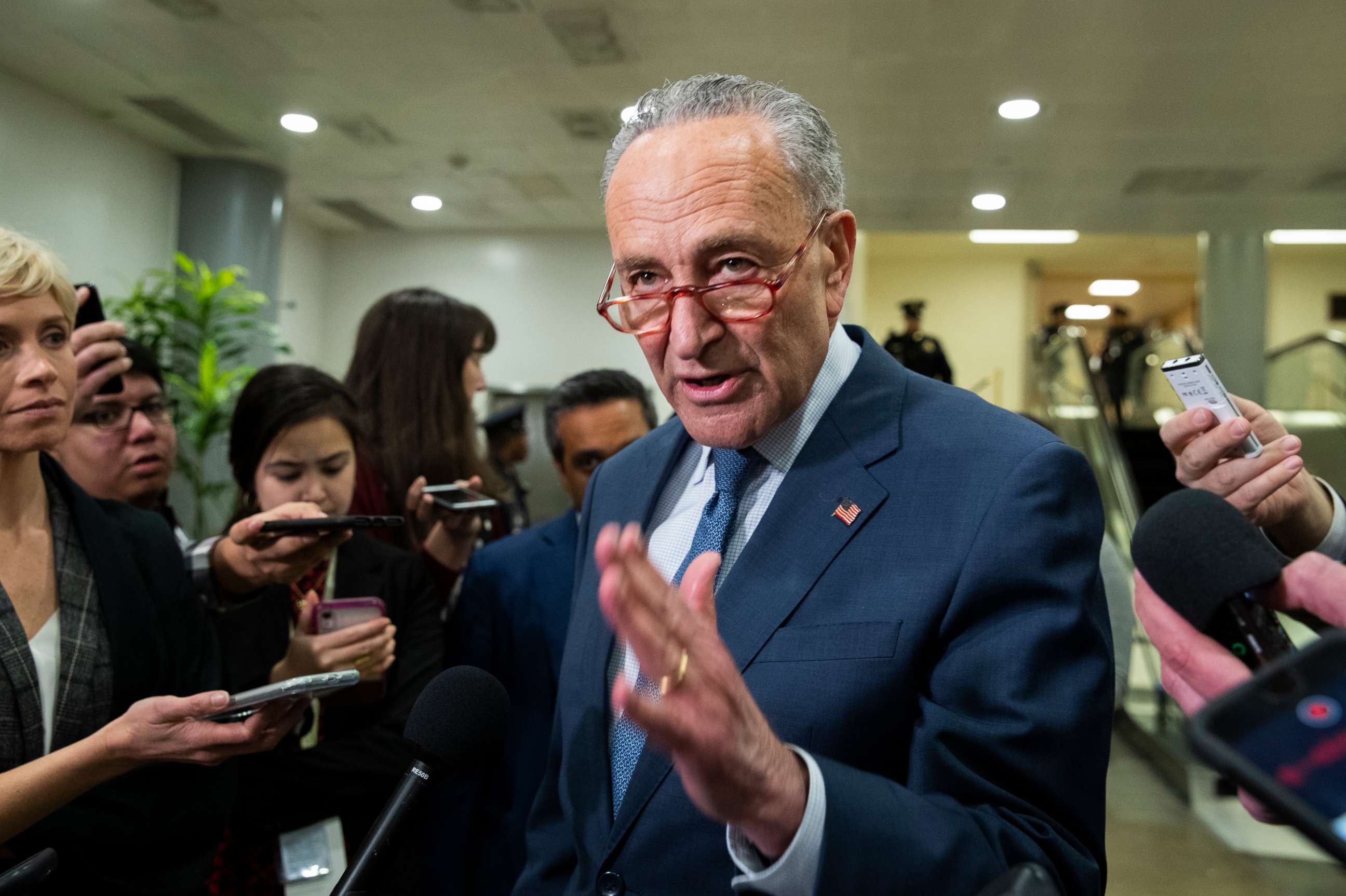 PHOTO: Sen. Chuck Schumer speaks to reporters during a brief recess on the first full day of the impeachment trial of President Donald Trump, on Capitol Hill in Washington, Jan. 21, 2020.