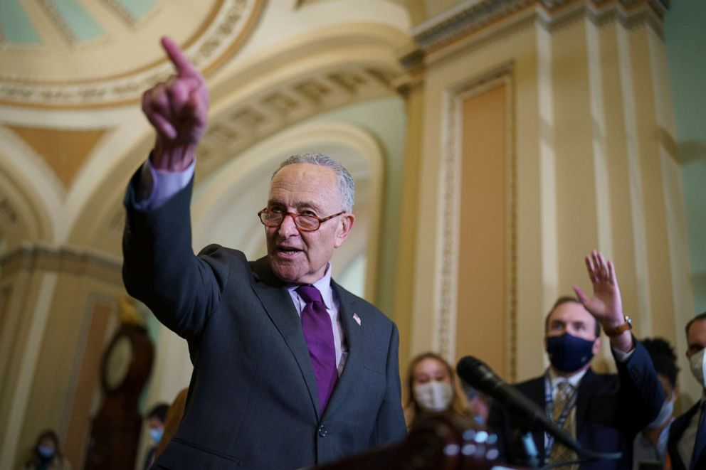PHOTO: Senate Majority Leader Chuck Schumer speaks to reporters at the Capitol in Washington, Sept. 14, 2021.