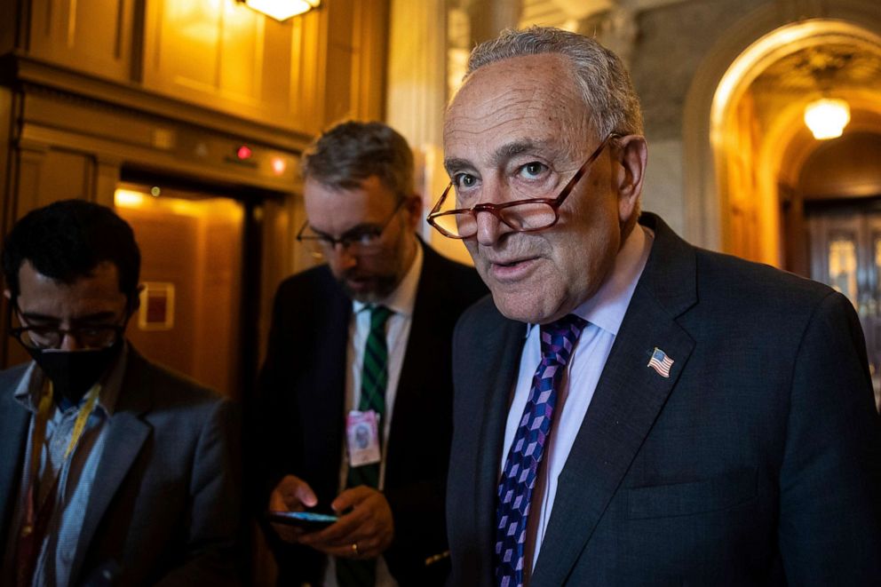 PHOTO: Senate Majority Leader Chuck Schumer speaks with reporters at the U.S. Capitol June 8, 2022.
